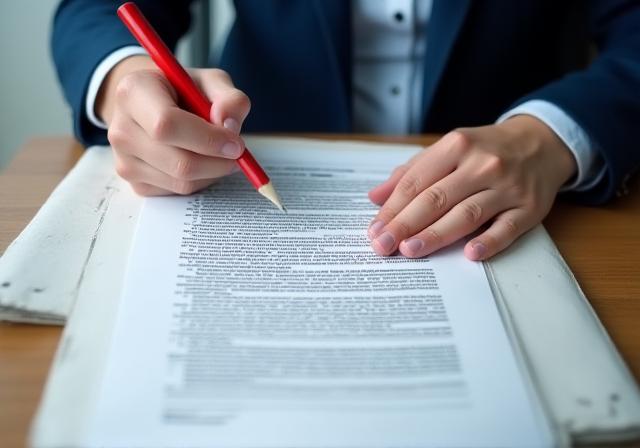 A legal professional reviewing a document with a red pen highlighting errors