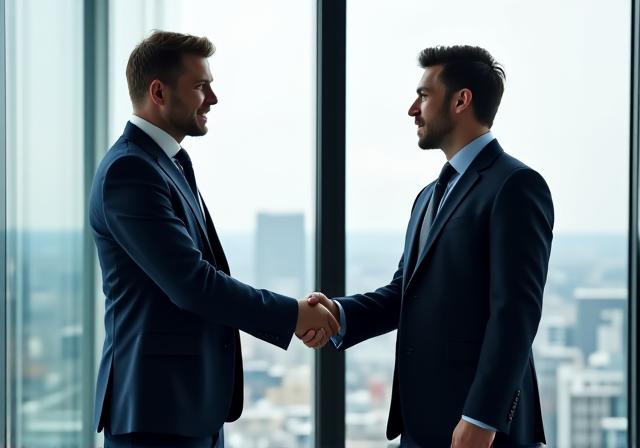 Business professionals shaking hands in a bright London office with professional attire
