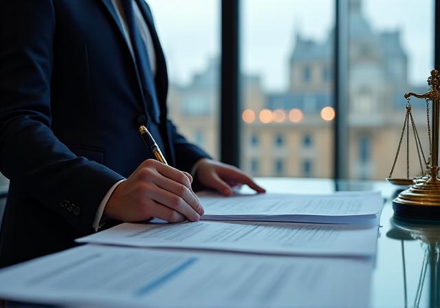 A professional legal expert reviewing complex documents in a modern office environment