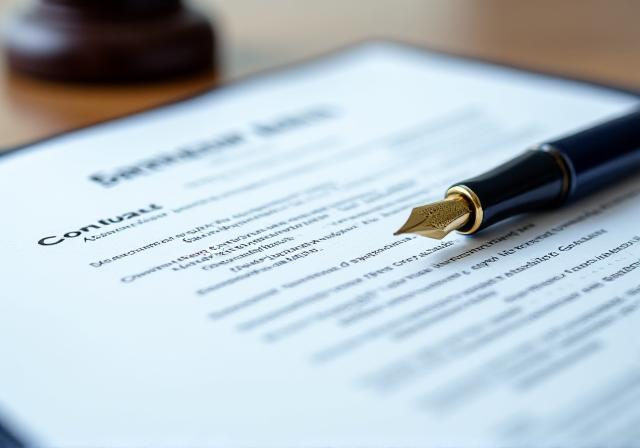 Close-up of a legal professional reviewing a commercial contract with a focus on precision and detail