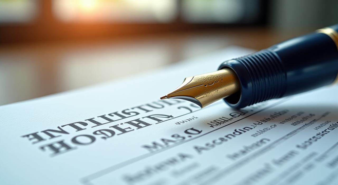 Close up of a legal professional reviewing a complex intellectual property contract with a gold pen